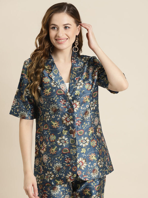 Navy Floral Short Sleeves Blazer | WOMENSFASHIONFUN