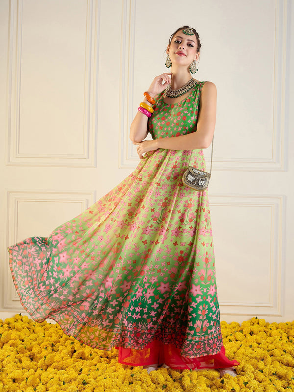 Women Green Floral Sleeveless Anarkali Kurta | WOMENSFASHIONFUN