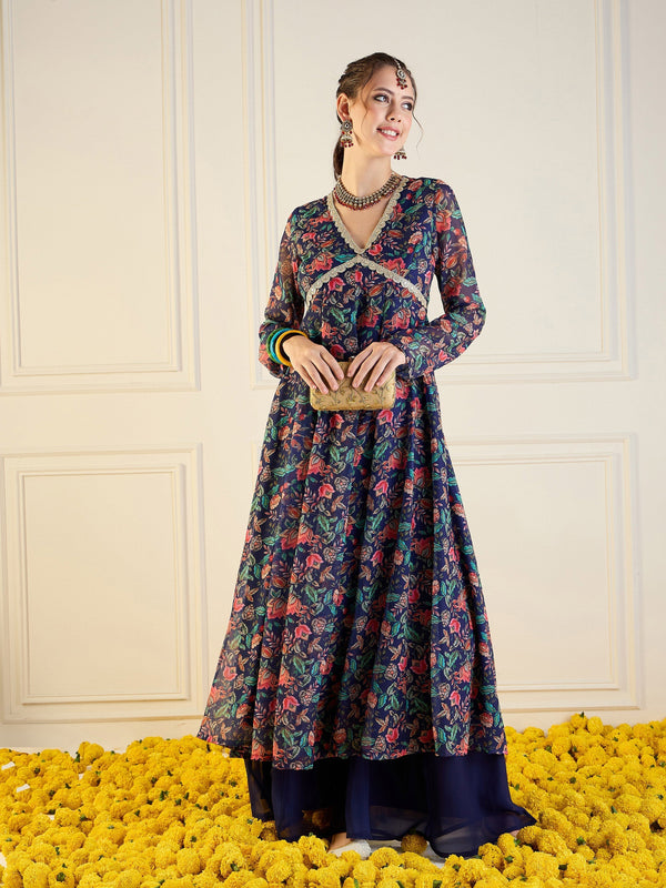 Women Navy Floral Long Anarkali Kurta | WOMENSFASHIONFUN