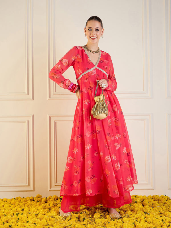 Women Fuchsia Floral Long Anarkali Kurta | WOMENSFASHIONFUN