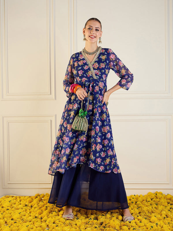 Women Blue Floral High Low Anarkali Kurta | WOMENSFASHIONFUN