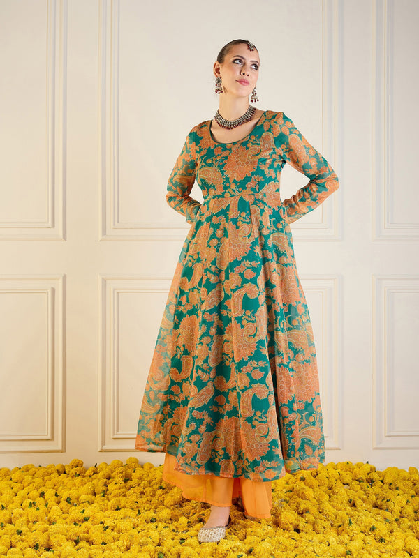 Women Green & Mustard Floral Long Anarkali | WOMENSFASHIONFUN