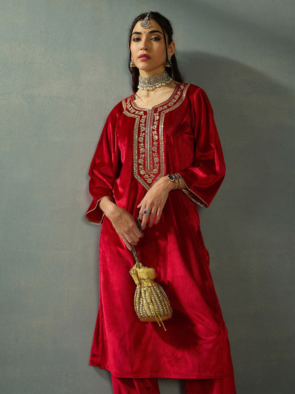 Women Red Velvet Embroidered Kurta | WOMENSFASHIONFUN