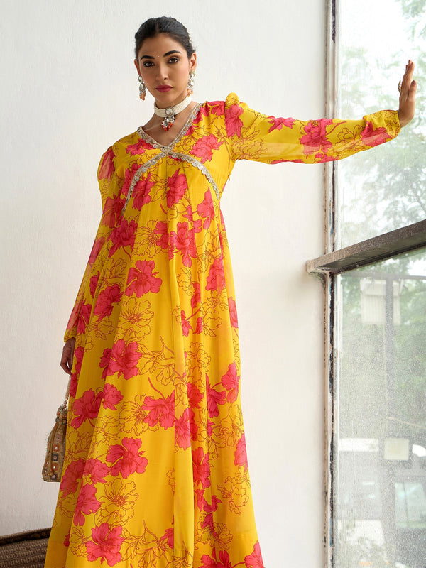 Women Yellow Floral V-Neck Anarkali Kurta | WOMENSFASHIONFUN