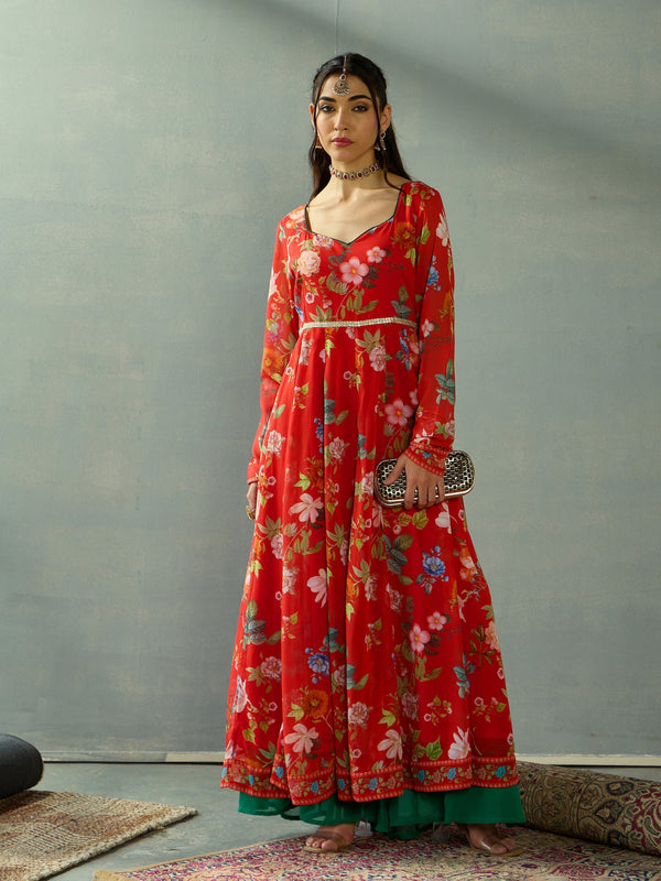 Women Red Floral Sweetheart Neck Anarkali Kurta | WOMENSFASHIONFUN