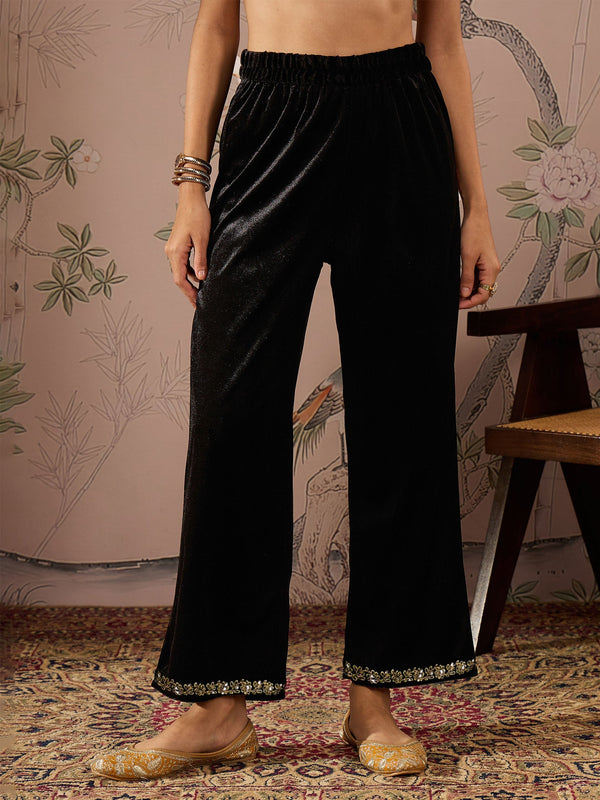 Women Black Velvet Hem Embroidered Straight Pants | WOMENSFASHIONFUN