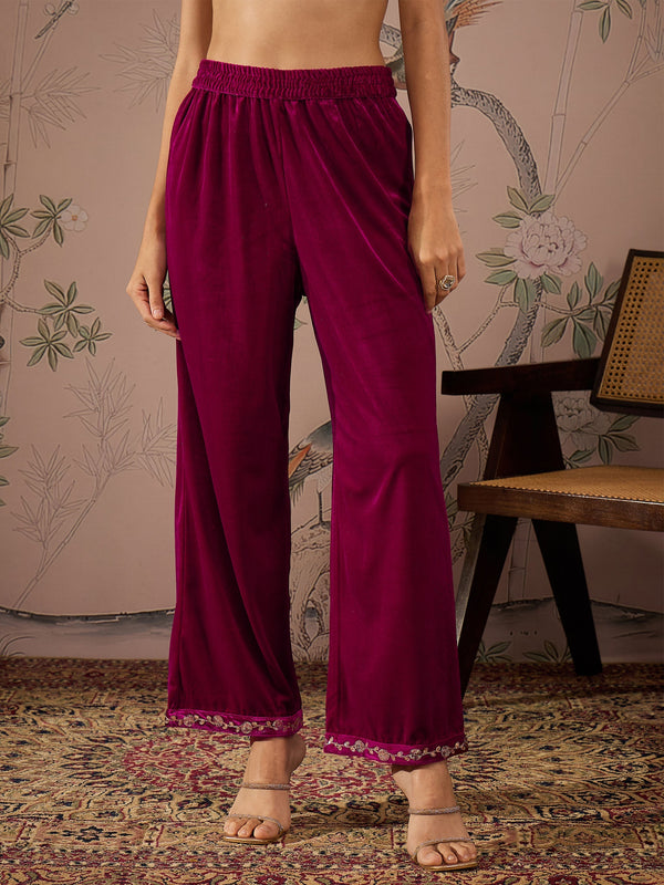 Women Fuchsia Velvet Hem Embroidered Straight Pants | WOMENSFASHIONFUN