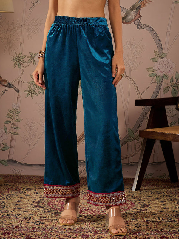 Women Teal Velvet Hem Embroidered Straight Pants | WOMENSFASHIONFUN