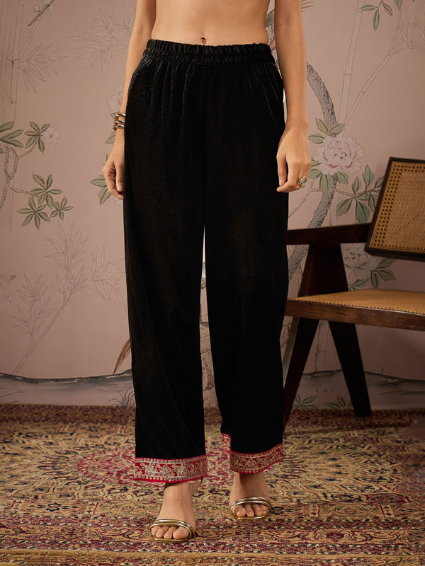 Women Black Velvet Hem Embroidered Elasticated Straight Pants | WOMENSFASHIONFUN