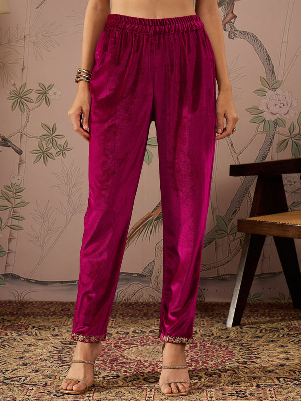 Women Fuchsia Velvet Hem Embroidered Pencil Pants | WOMENSFASHIONFUN