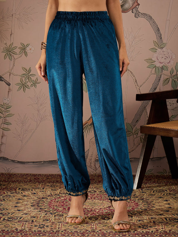 Women Teal Velvet Hem Embroidered Afghani Pants | WOMENSFASHIONFUN