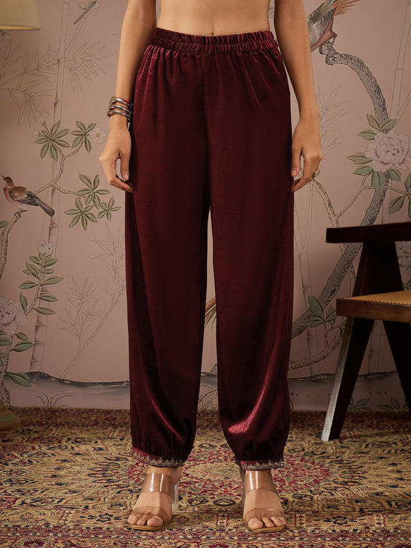 Women Maroon Velvet Hem Embroidered Afghani Pants | WOMENSFASHIONFUN