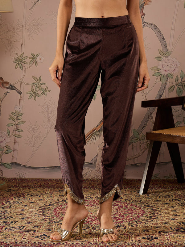 Women Brown Velvet Hem Lace Detail Tulip Pants | WOMENSFASHIONFUN