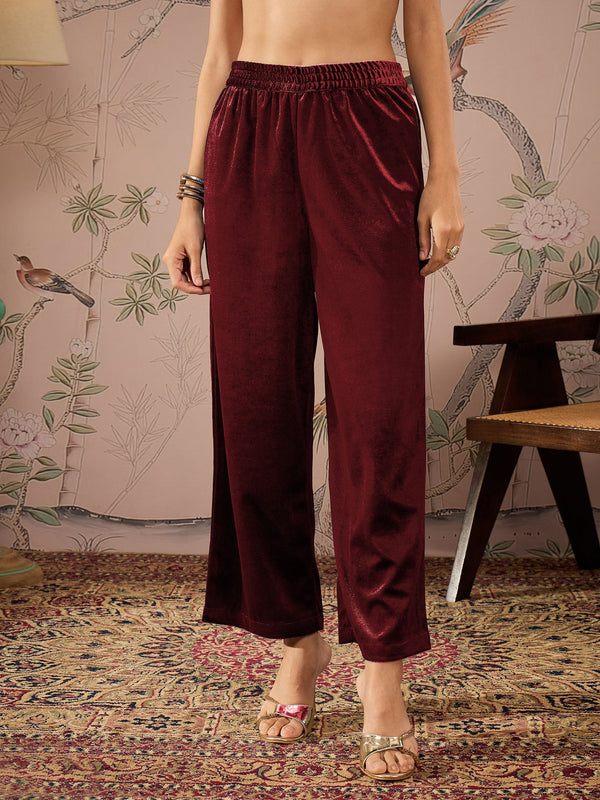 Women Maroon Velvet Elasticated Straight Pants | WOMENSFASHIONFUN