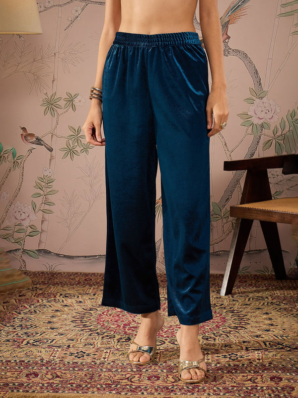 Women Teal Velvet Elasticated Straight Pants | WOMENSFASHIONFUN