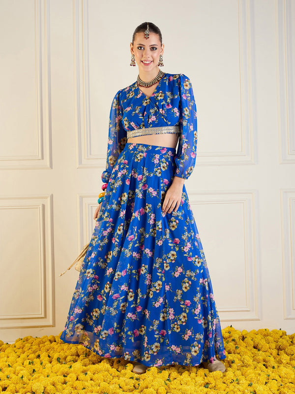 Women Royal Blue Floral Anarkali Skirt With Wrap Crop Top | WOMENSFASHIONFUN