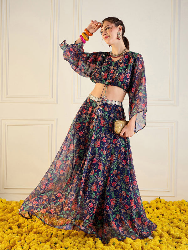 Women Navy Floral Anarkali Skirt With Front Dori Crop Top | WOMENSFASHIONFUN