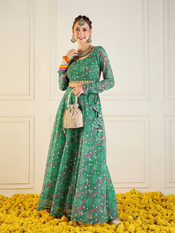 Women Green Printed Anarkali Skirt With Crop Top | WOMENSFASHIONFUN