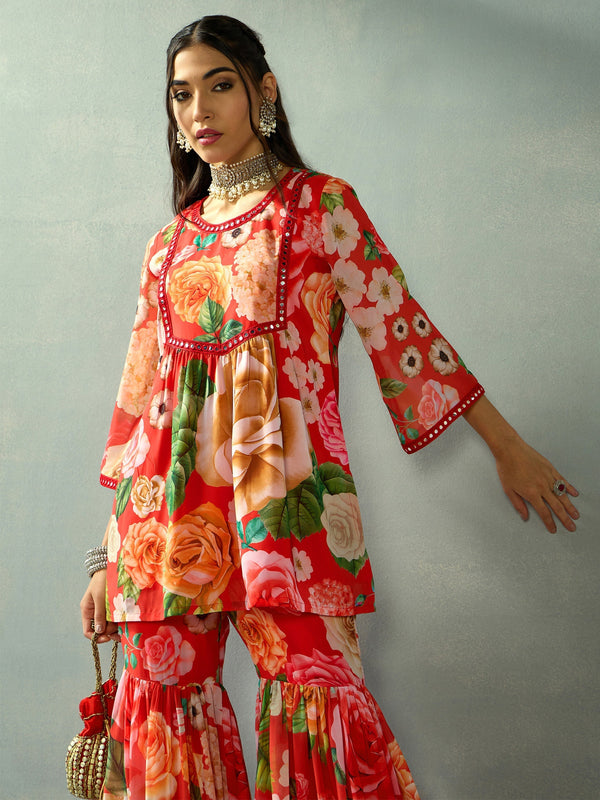 Women Red Floral Peplum Kurta With Sharara Pants | WOMENSFASHIONFUN