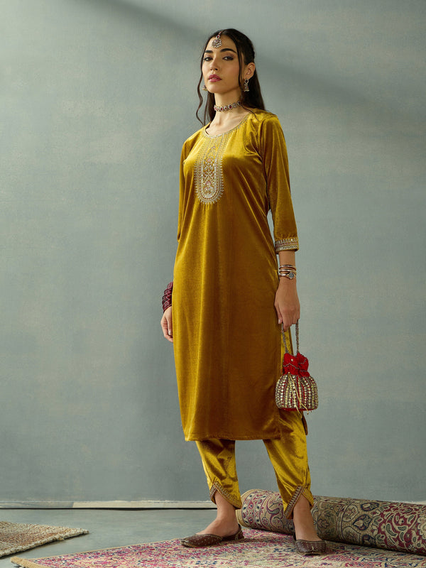 Women Mustard Velvet Embroidered Kurta With Tulip Pants | WOMENSFASHIONFUN