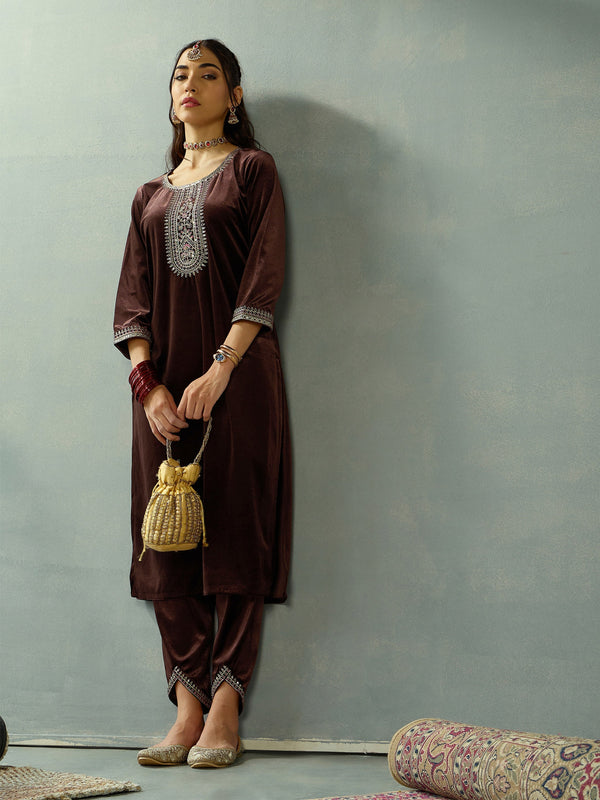 Women Brown Velvet Embroidered Kurta With Tulip Pants | WOMENSFASHIONFUN