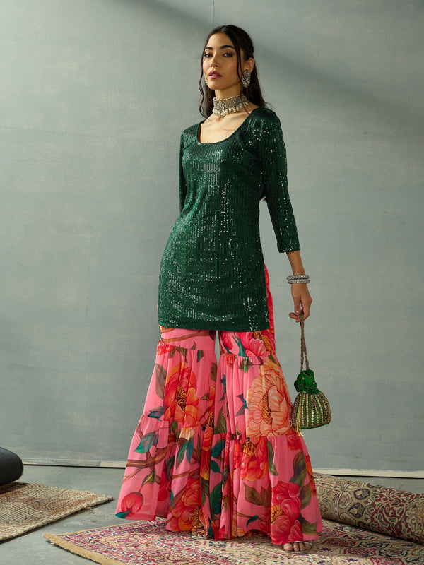 Women Green Sequence Short Kurta With Sharara Pants | WOMENSFASHIONFUN