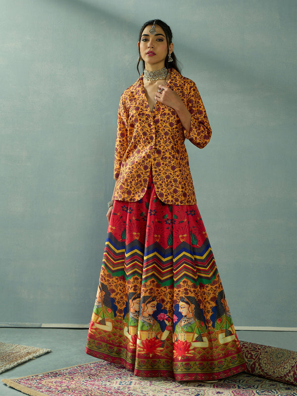 Women Mustard Multi Floral Blazer Top With Anarkali Skirt | WOMENSFASHIONFUN