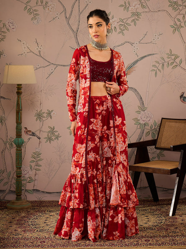 Women Maroon Sequins Crop Top With Floral Sharara And Shrug | WOMENSFASHIONFUN