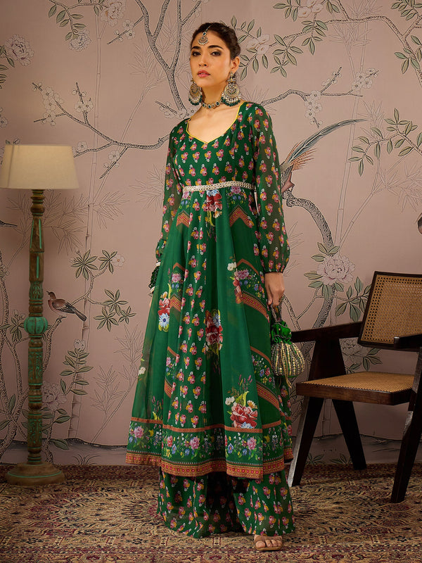 Women Green Floral Sweetheart Neck Anarkali Kurta With Pants | WOMENSFASHIONFUN