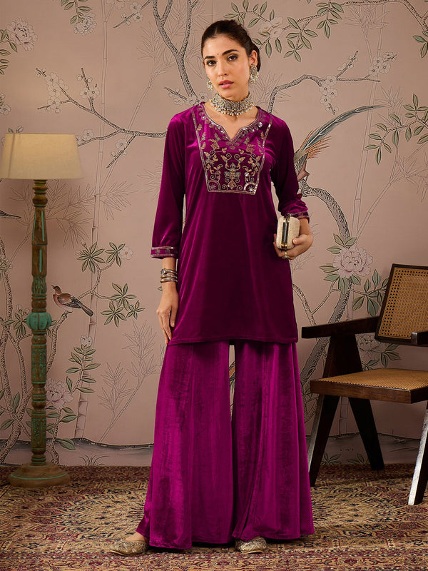 Women Fuchsia Velvet Embroidered Short Kurta With Palazzo Pants | WOMENSFASHIONFUN