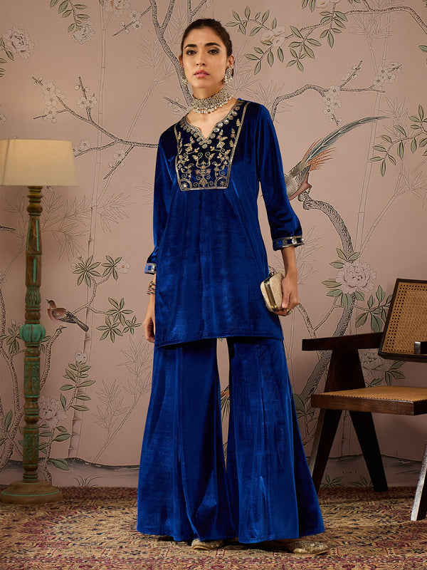 Women Royal Blue Velvet Embroidered Kurta With Palazzo Pants | WOMENSFASHIONFUN