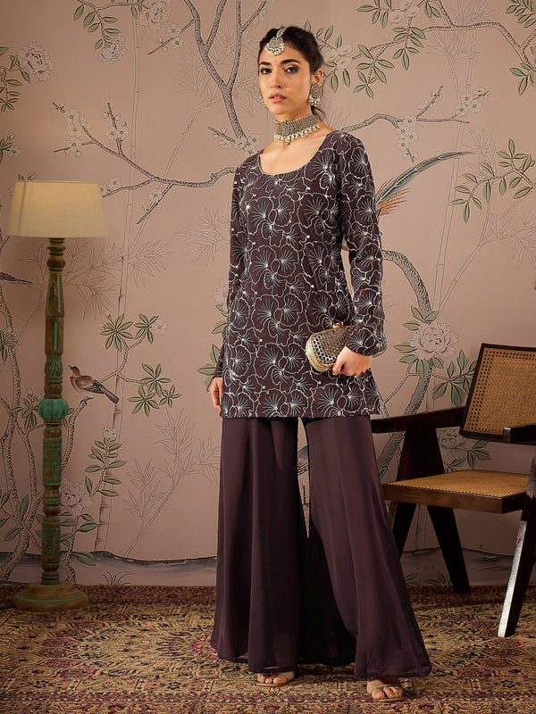 Women Brown Sequins Short Kurta With Solid Palazzo Pants | WOMENSFASHIONFUN