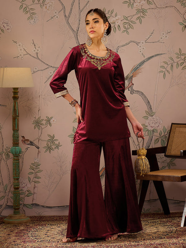 Women Maroon Velvet Embroidered Short Kurta With Palazzo Pants | WOMENSFASHIONFUN