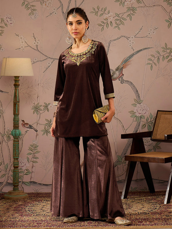 Women Brown Velvet Embroidered Short Kurta With Palazzo Pants | WOMENSFASHIONFUN