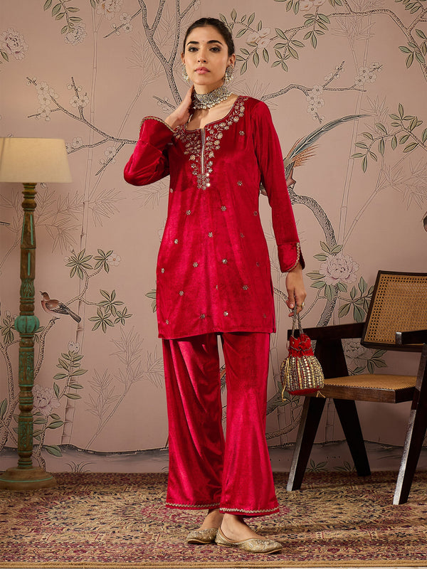 Women Red Velvet Embroidered Short Kurta With Straight Pants | WOMENSFASHIONFUN