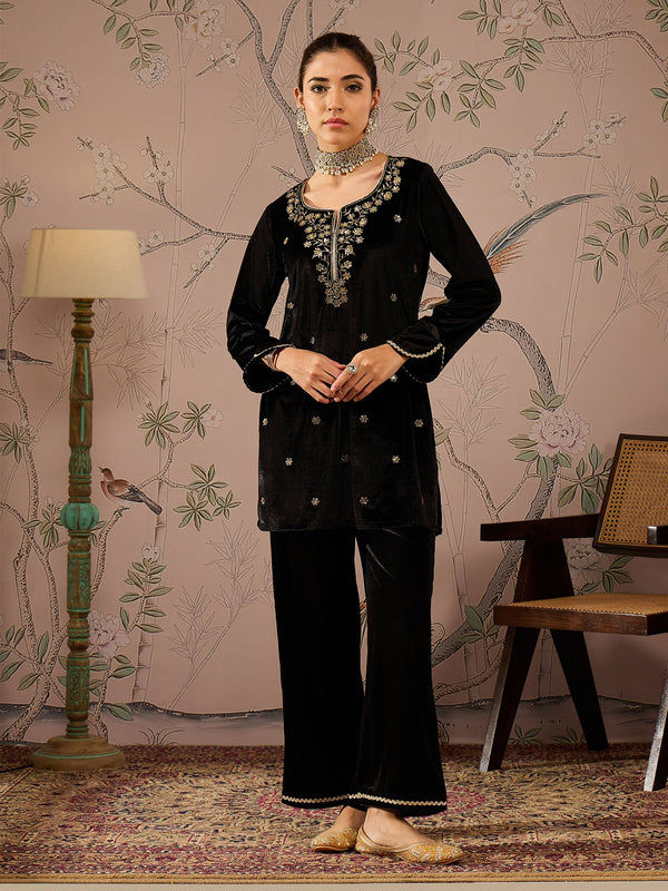 Women Black Velvet Embroidered Short Kurta With Straight Pants | WOMENSFASHIONFUN