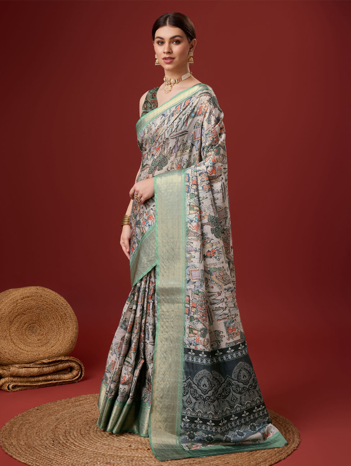 Women Multi Color Cotton Digital Print Traditional Tassels Saree