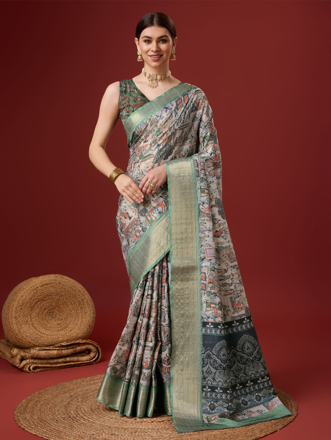 Women Multi Color Cotton Digital Print Traditional Tassels Saree