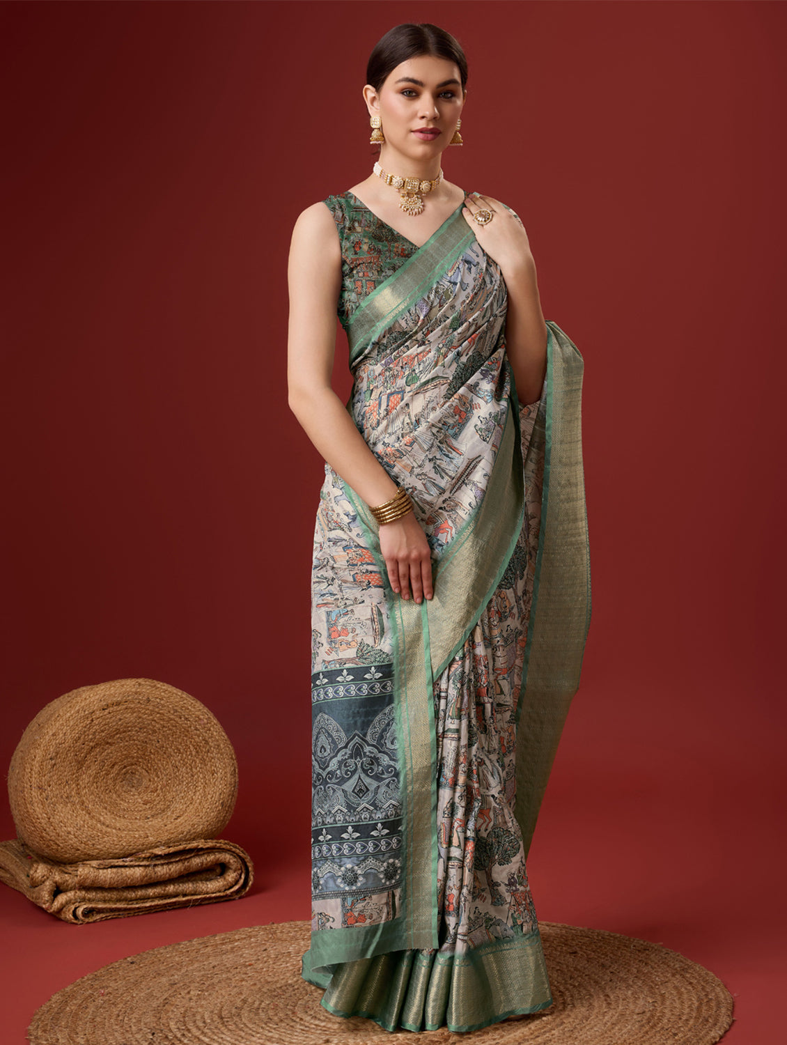 Women Multi Color Cotton Digital Print Traditional Tassels Saree