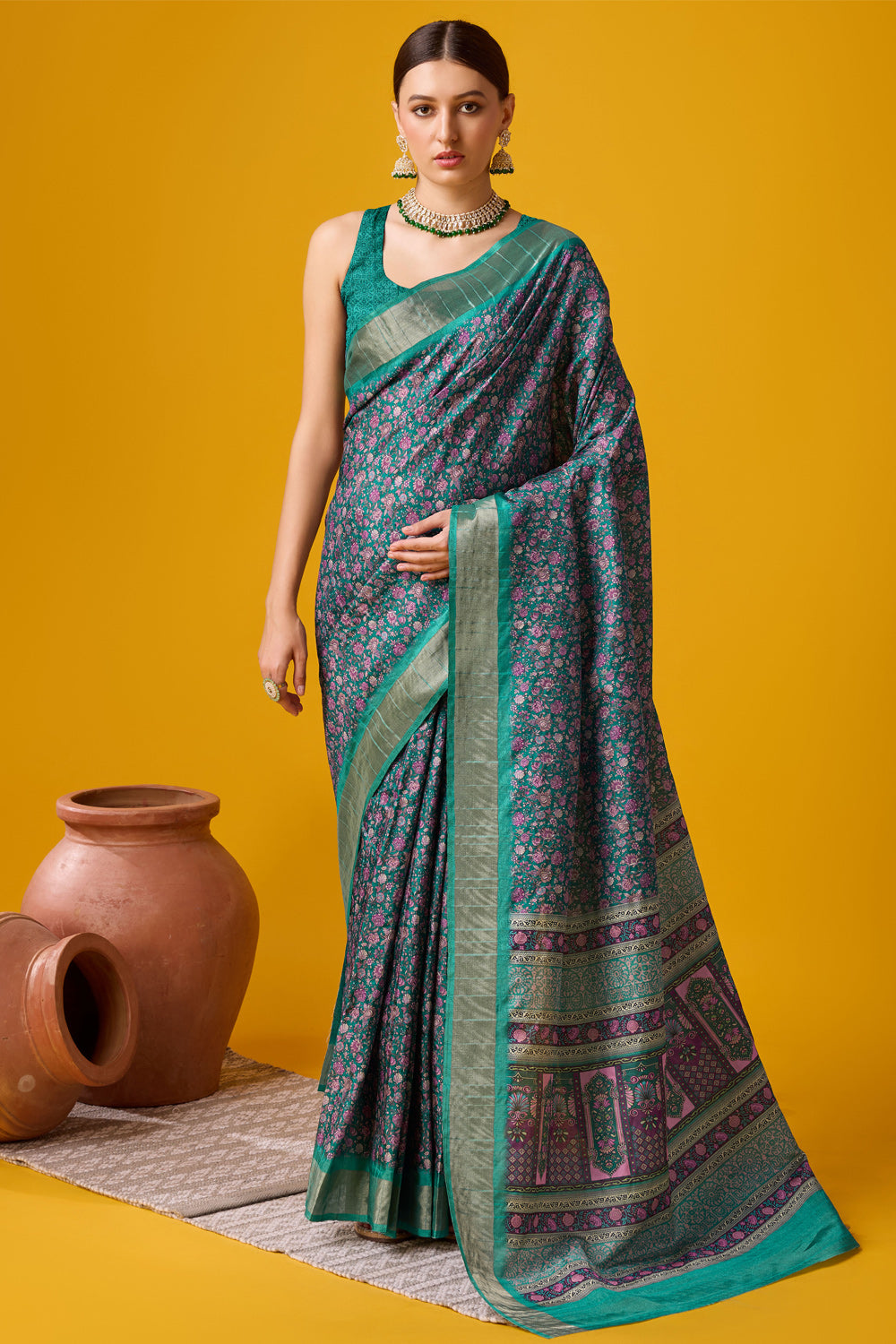 Women Green Cotton Digital Print Traditional Tassels Saree