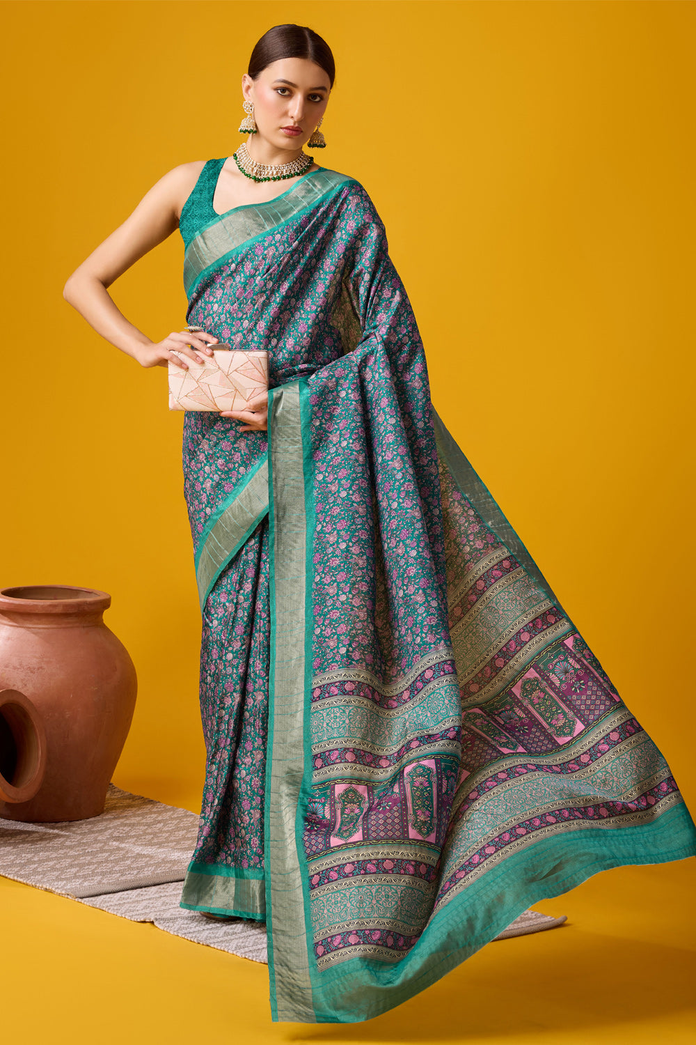 Women Green Cotton Digital Print Traditional Tassels Saree