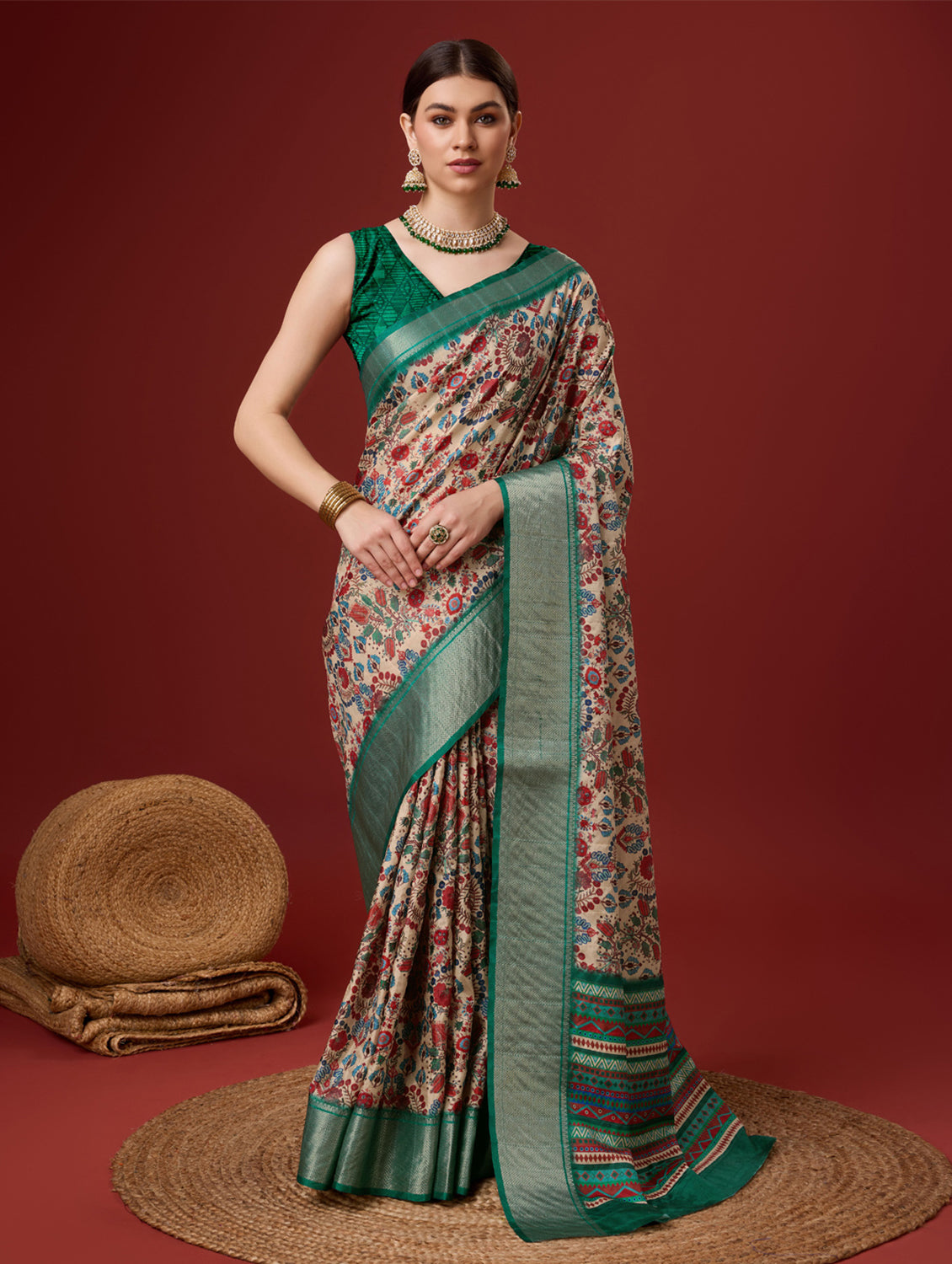 Women Cream Cotton Digital Print Traditional Tassels Saree