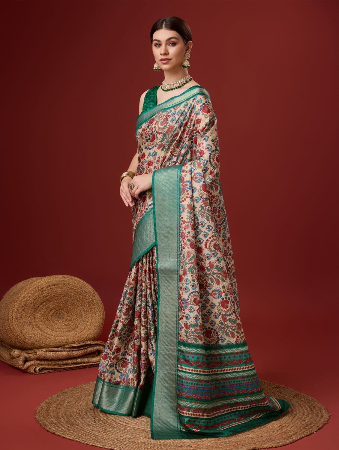 Women Cream Cotton Digital Print Traditional Tassels Saree