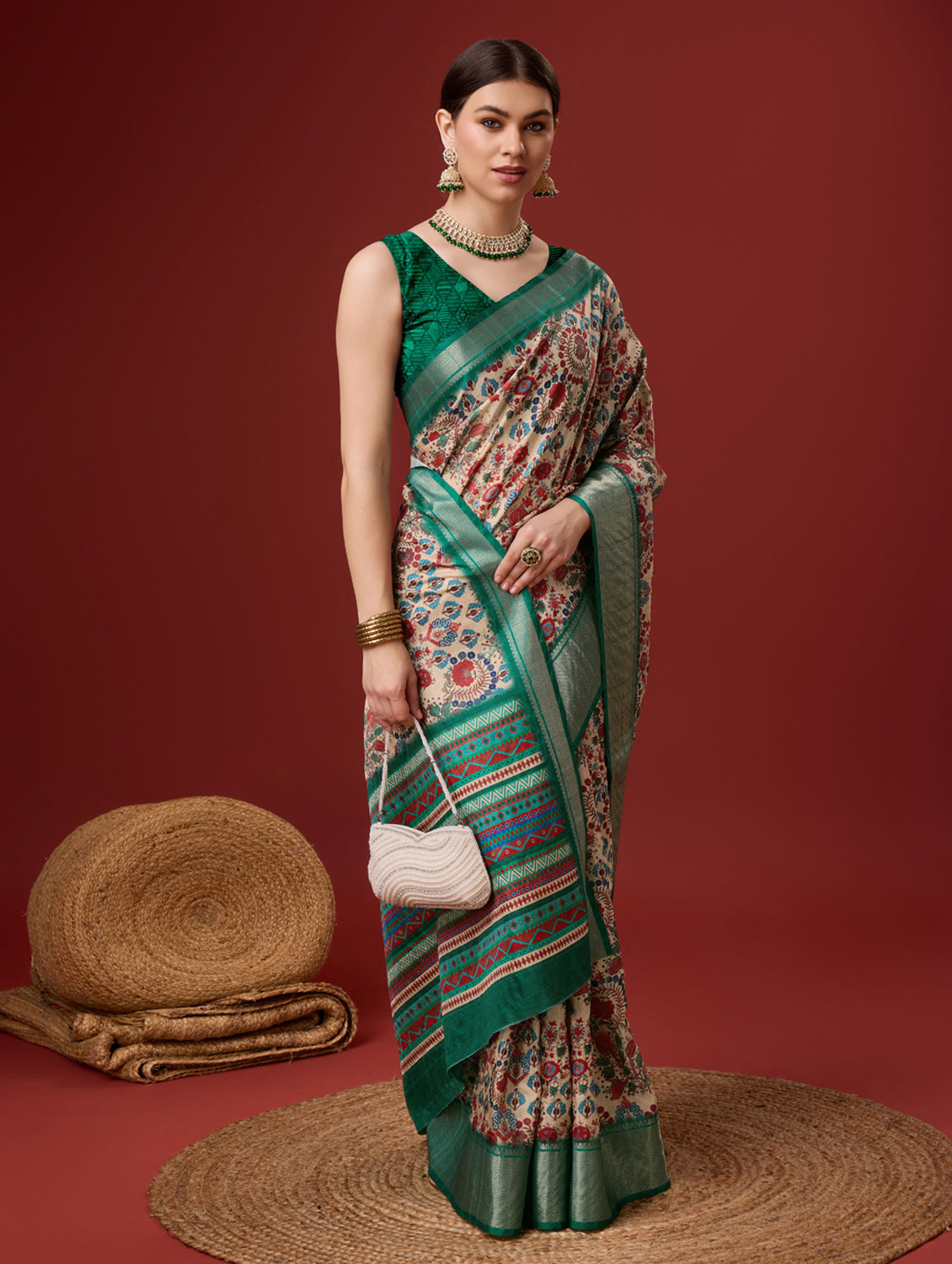 Women Cream Cotton Digital Print Traditional Tassels Saree