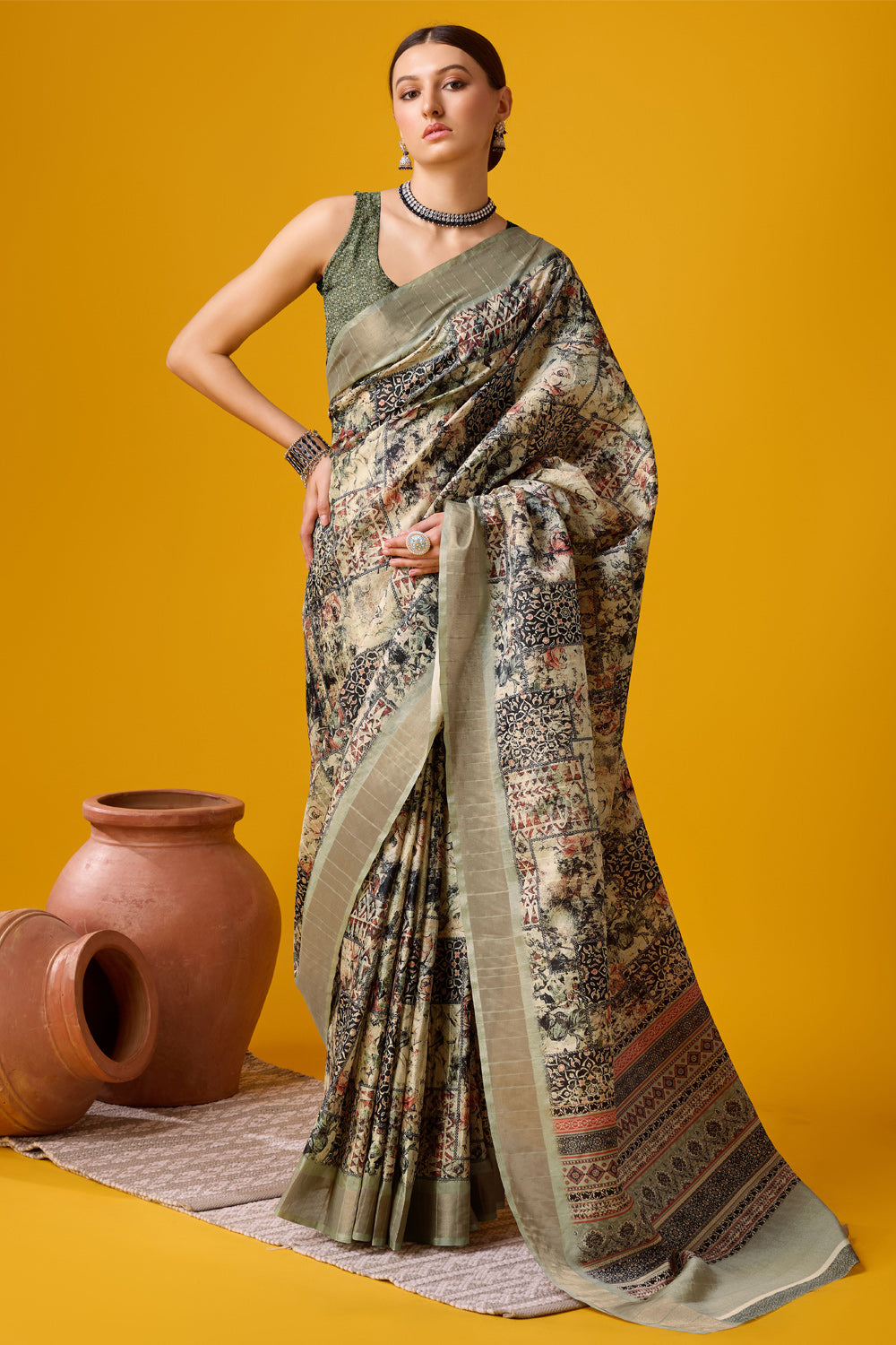 Women Multi Color Cotton Digital Print Traditional Tassels Saree