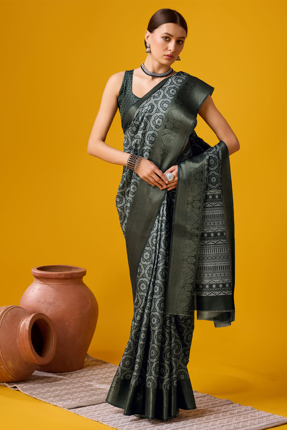 Women Dark Green Cotton Digital Print Traditional Tassels Saree