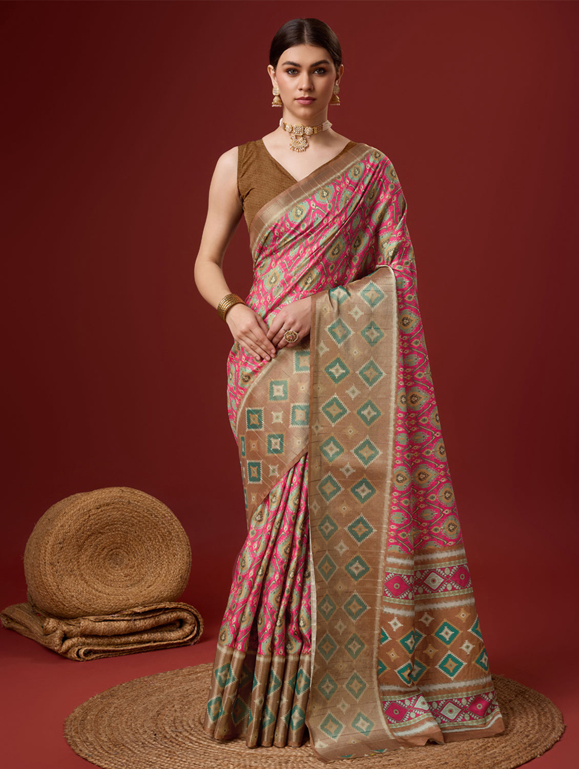 Women Pink Cotton Digital Print Traditional Tassels Saree