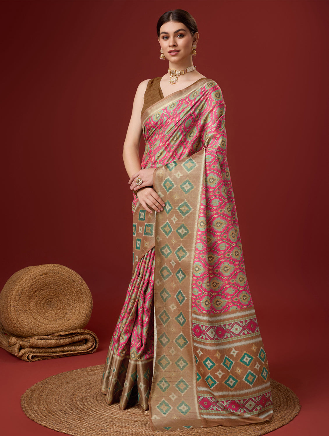 Women Pink Cotton Digital Print Traditional Tassels Saree