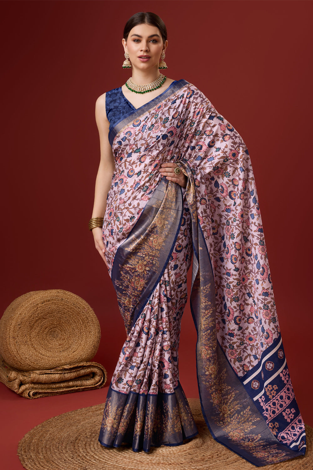 Women Light Pink Cotton Digital Print Traditional Tassels Saree