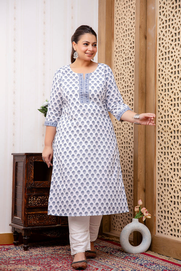 Plus Size White Printed Straight kurta For Women | WomensFashionFun